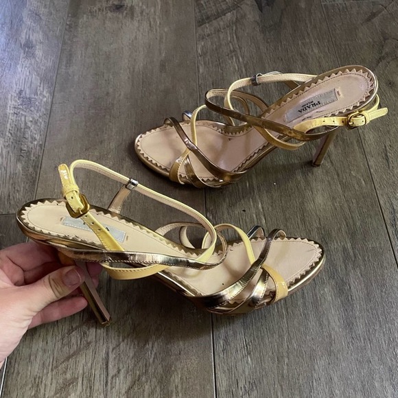 Prada Metallic Leather Patent Strappy Slingback Sandals Yellow Gold 38.5